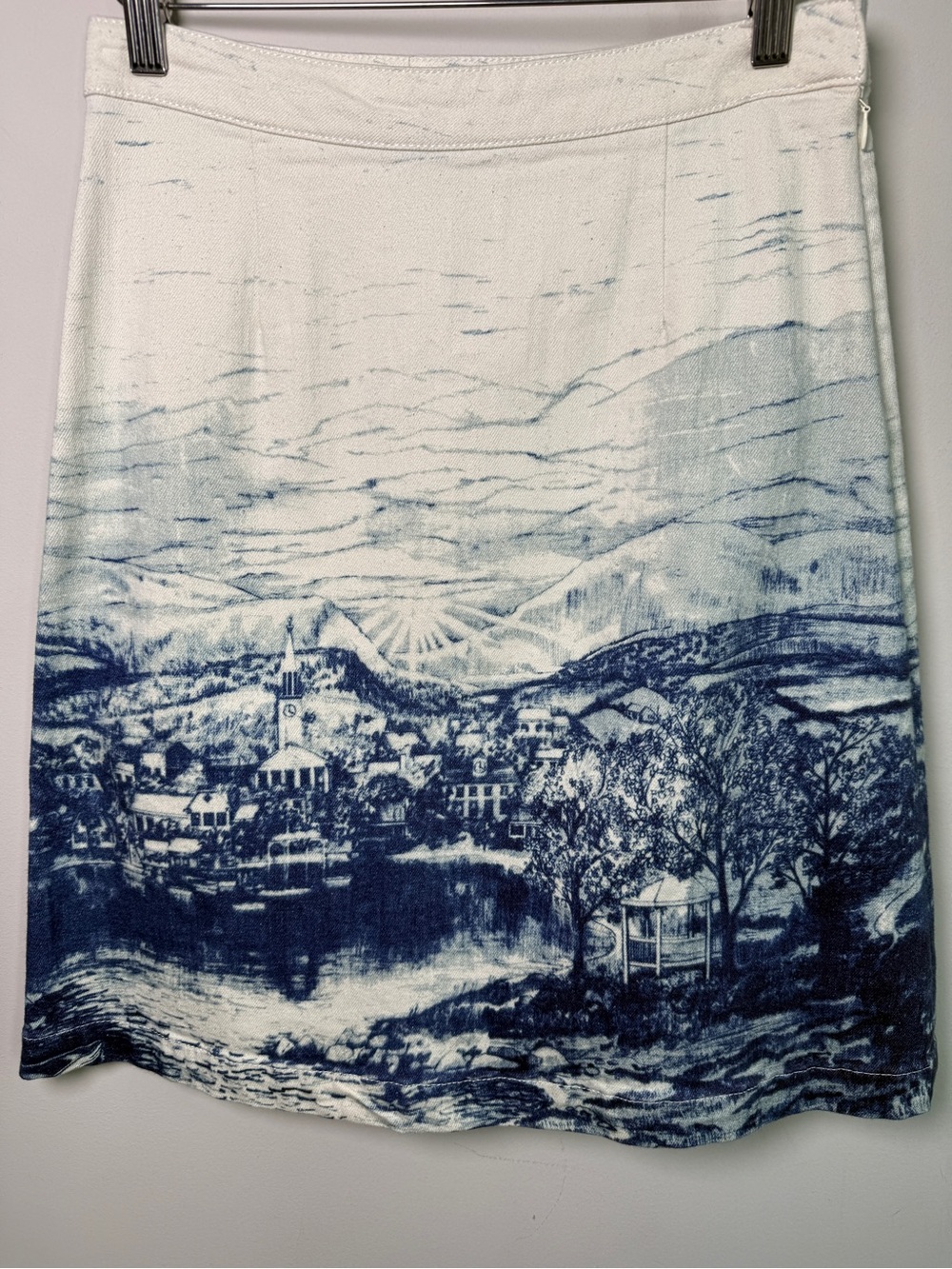 By Anthropologie Scenic Toile Print Ivory Blue Skirt Sz 6